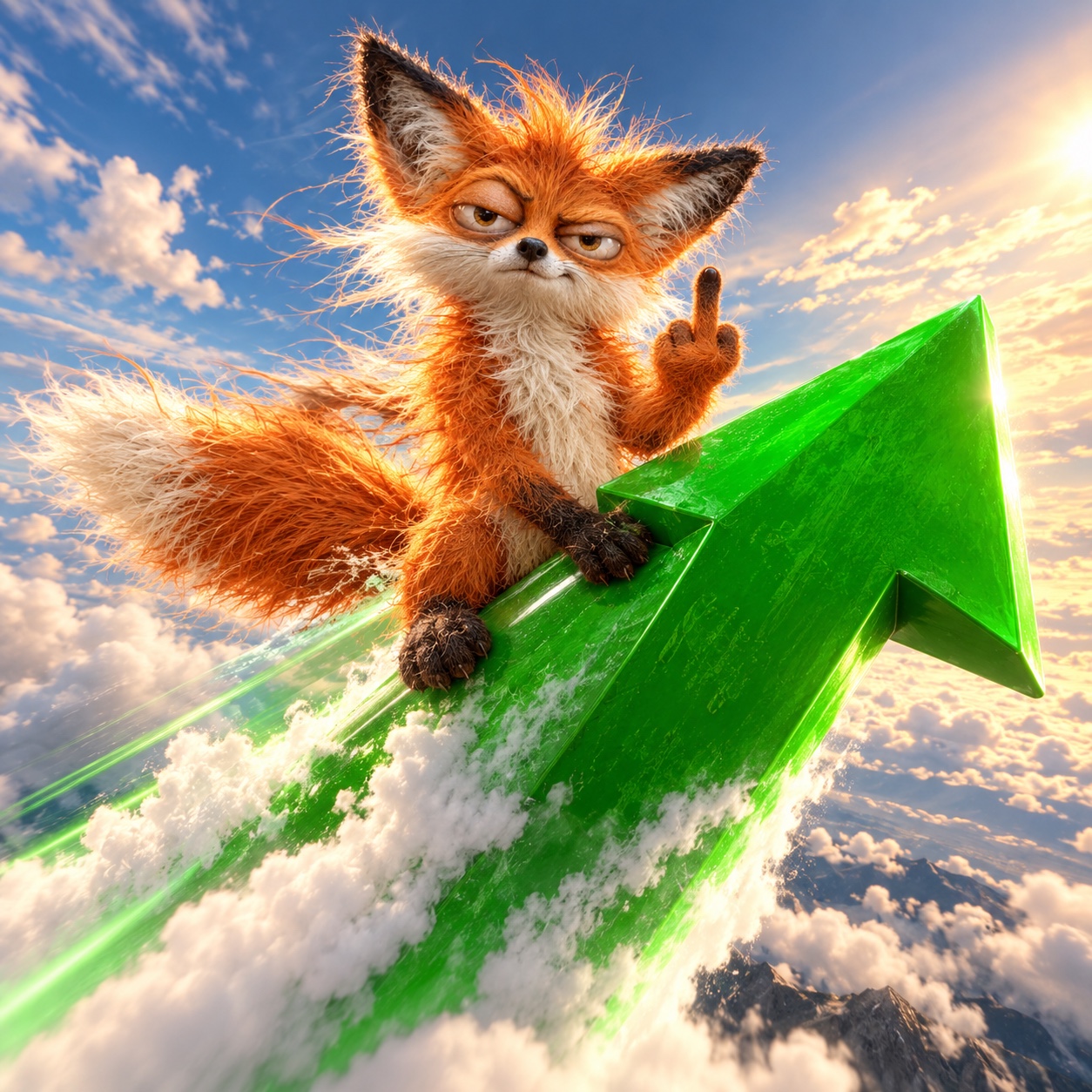 Flossi riding a giant green arrow through the clouds with his finger up