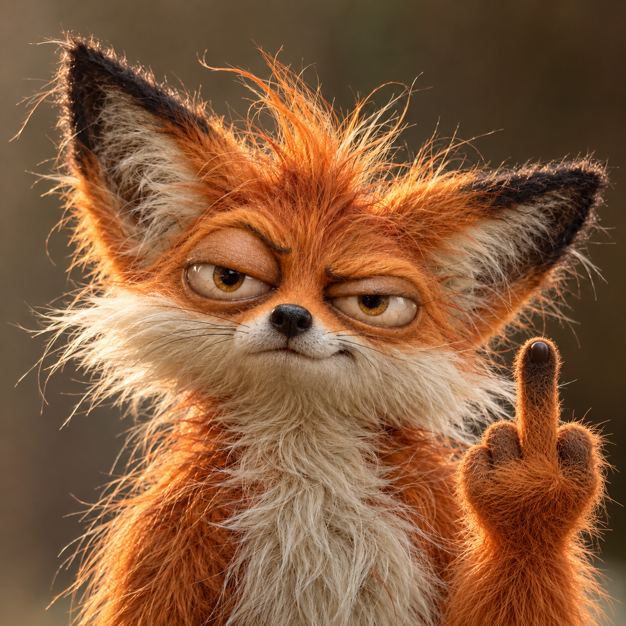 Flossi, a scruffy orange fox with an unimpressed stare and a raised middle finger