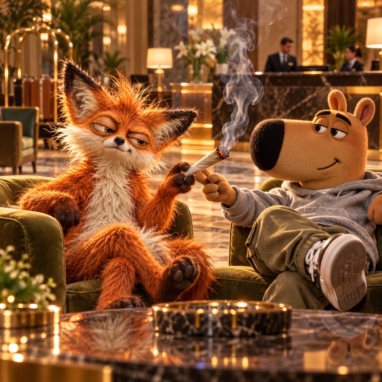 Flossi and a laid-back dog causing trouble in a fancy hotel lobby
